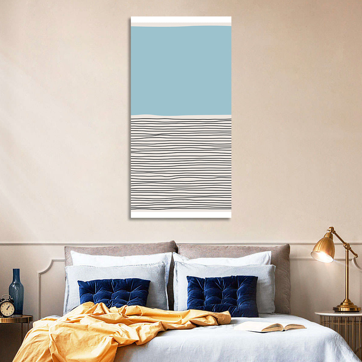 Blue Horizon Minimalist V Wall Art in a room, portrait