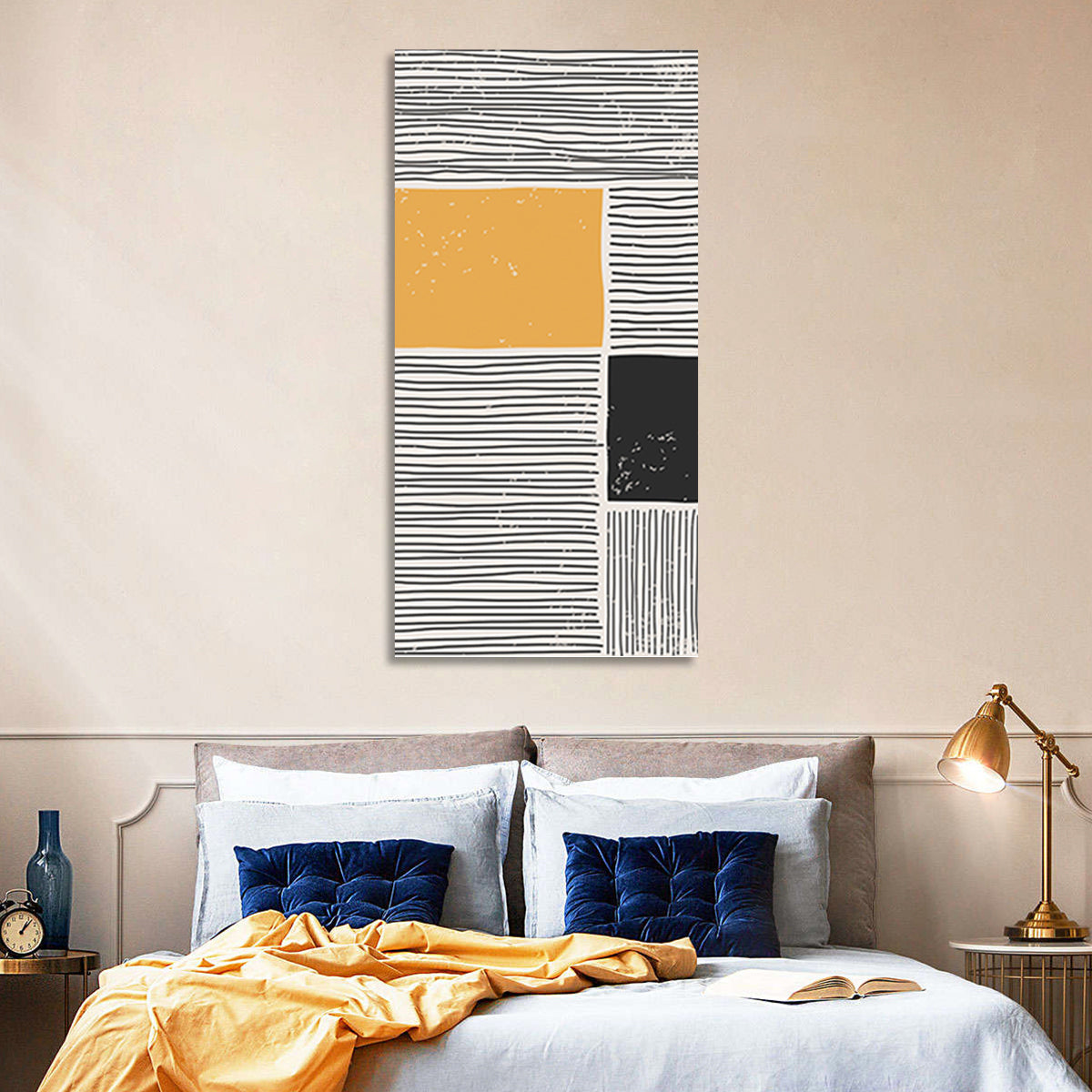 Beige and Yellow Grid Study Wall Art in a room, portrait