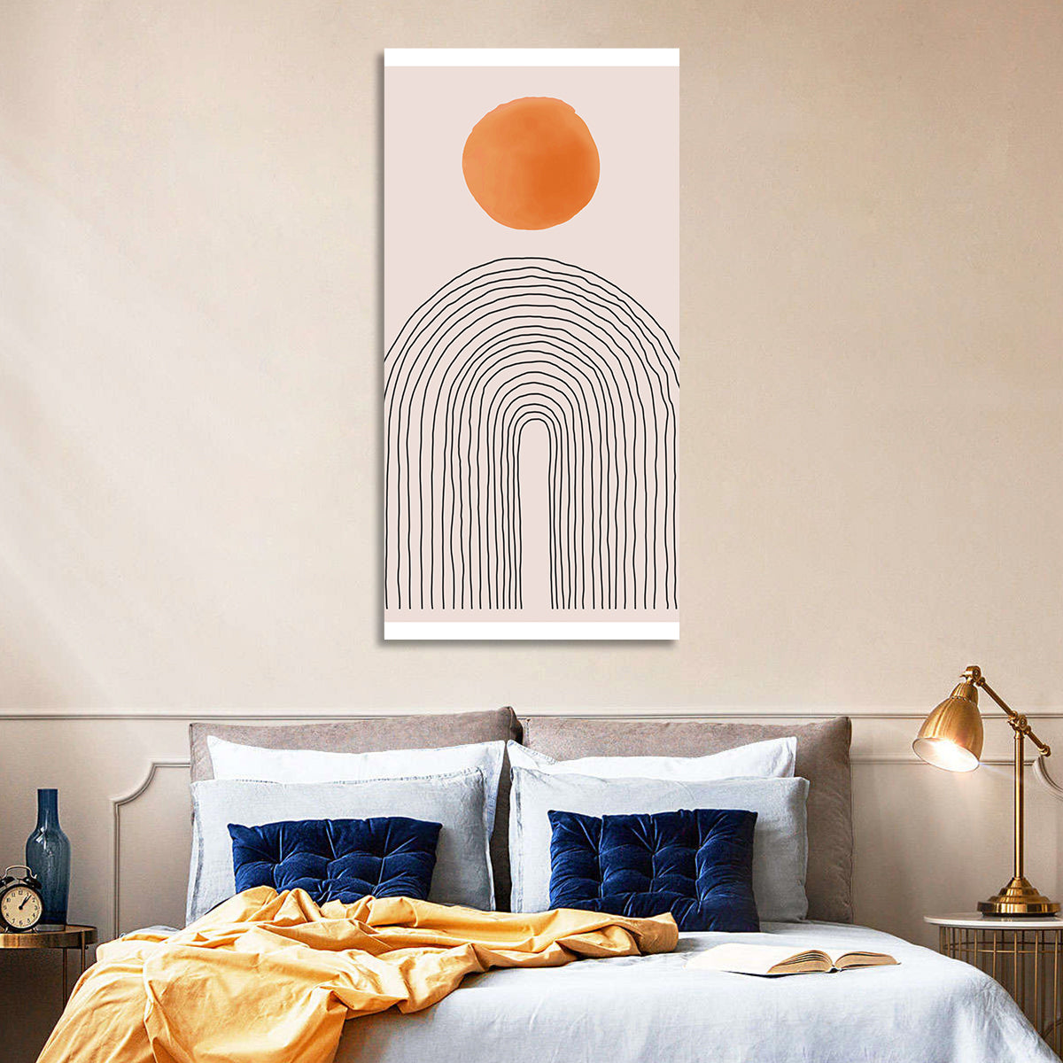Hand-drawn Sun and Arches Wall Art in a room, portrait