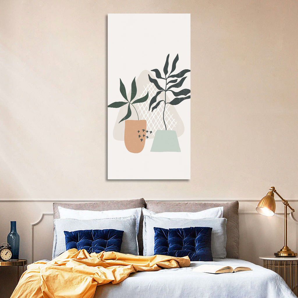 Potted Plants with Hand-drawn Grid Wall Art