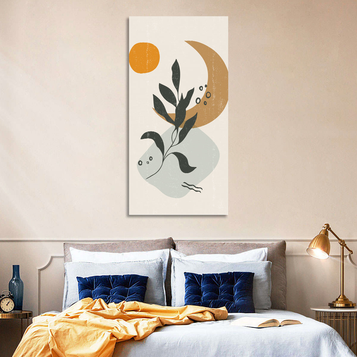 Leafy Branch with Sun and Moon Wall Art in a room, portrait