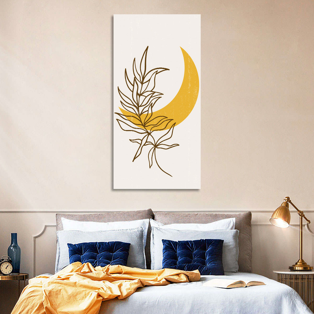 Crescent Moon Leaf Illustration Wall Art in a room, portrait