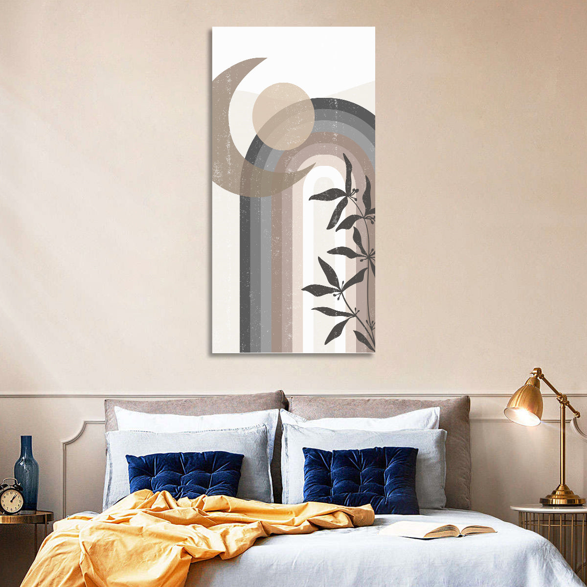 Crescent Moon Rainbow Abstract Wall Art in a room, portrait