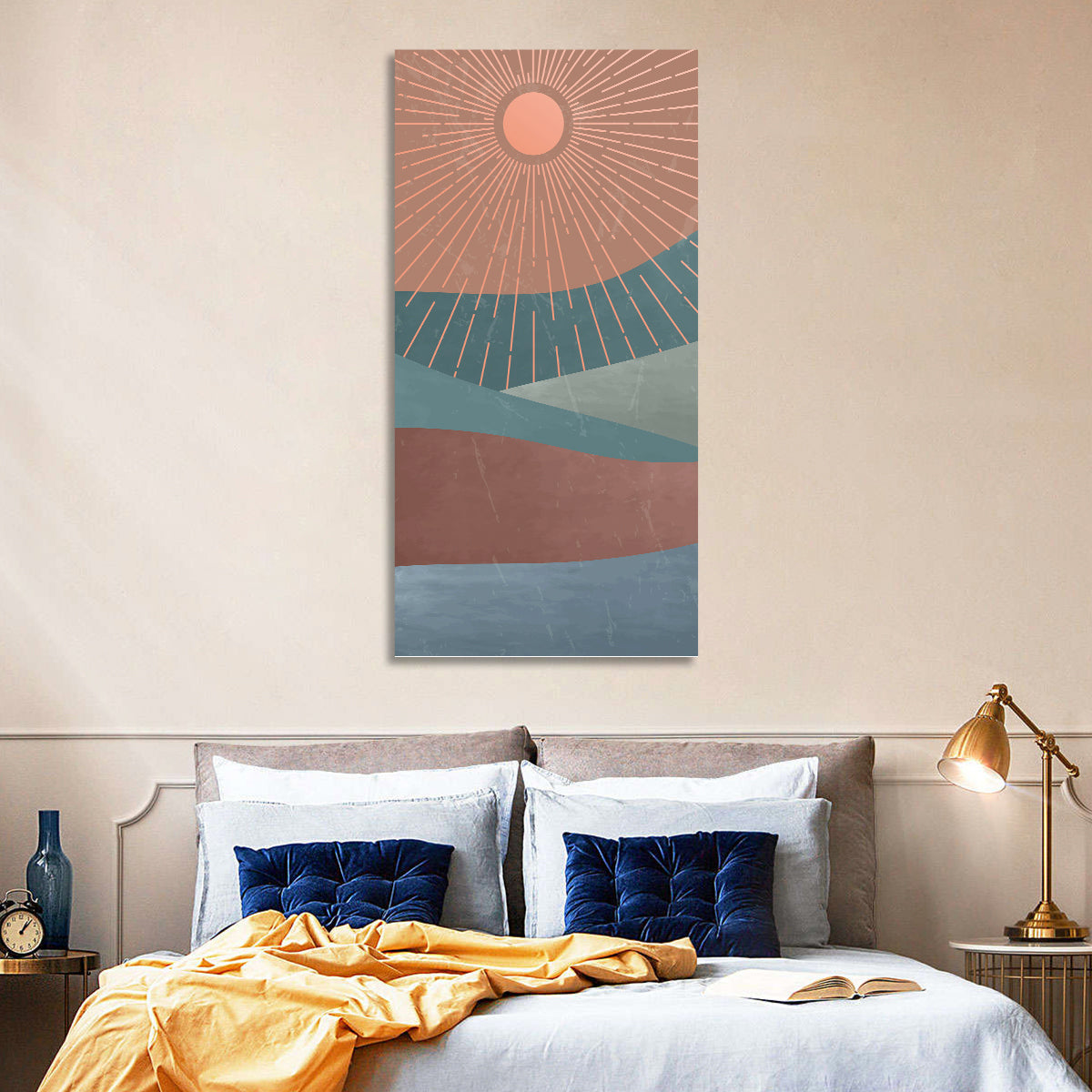 Minimalist Mountain Sunrise Wall Art in a room, portrait
