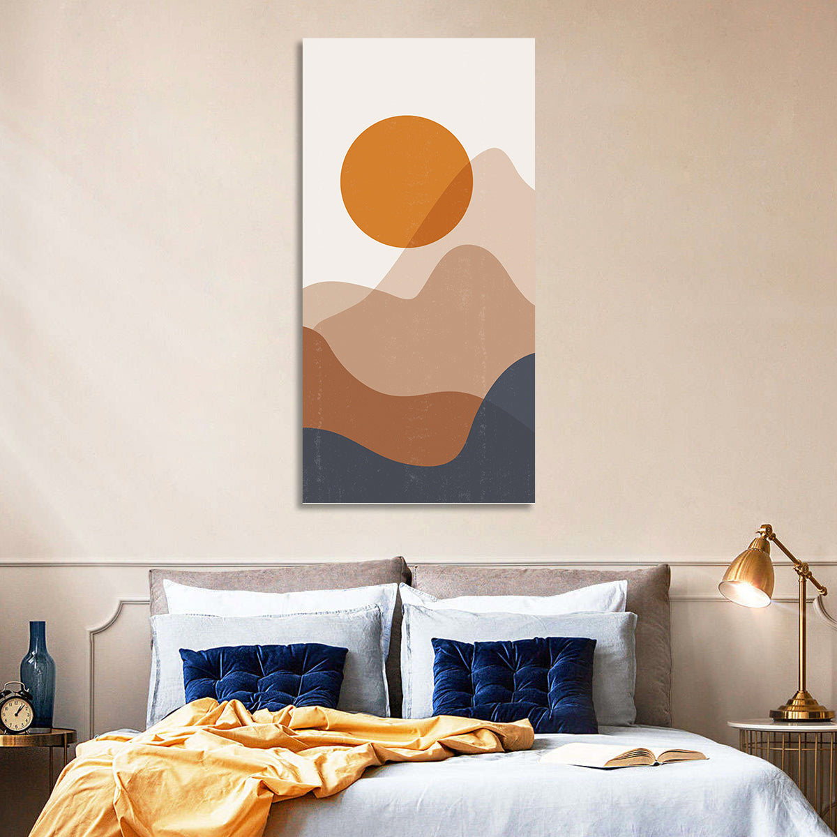 Layered Sunset Mountains Wall Art in a room, portrait