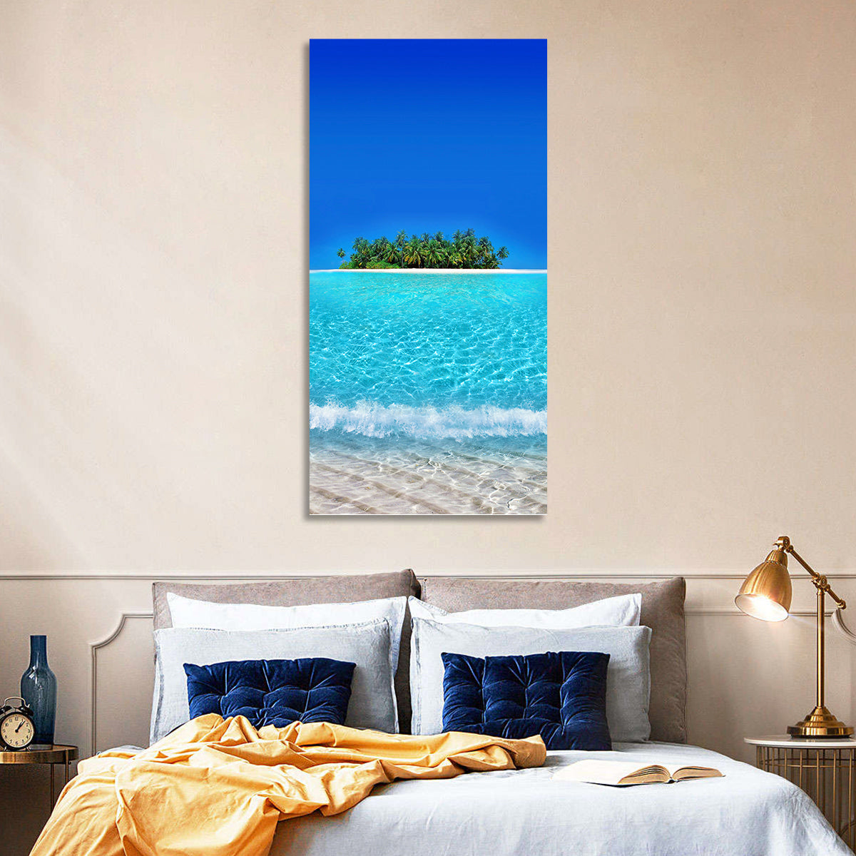 Turquoise Atoll Sandbar with Palm Trees Wall Art in a room, portrait