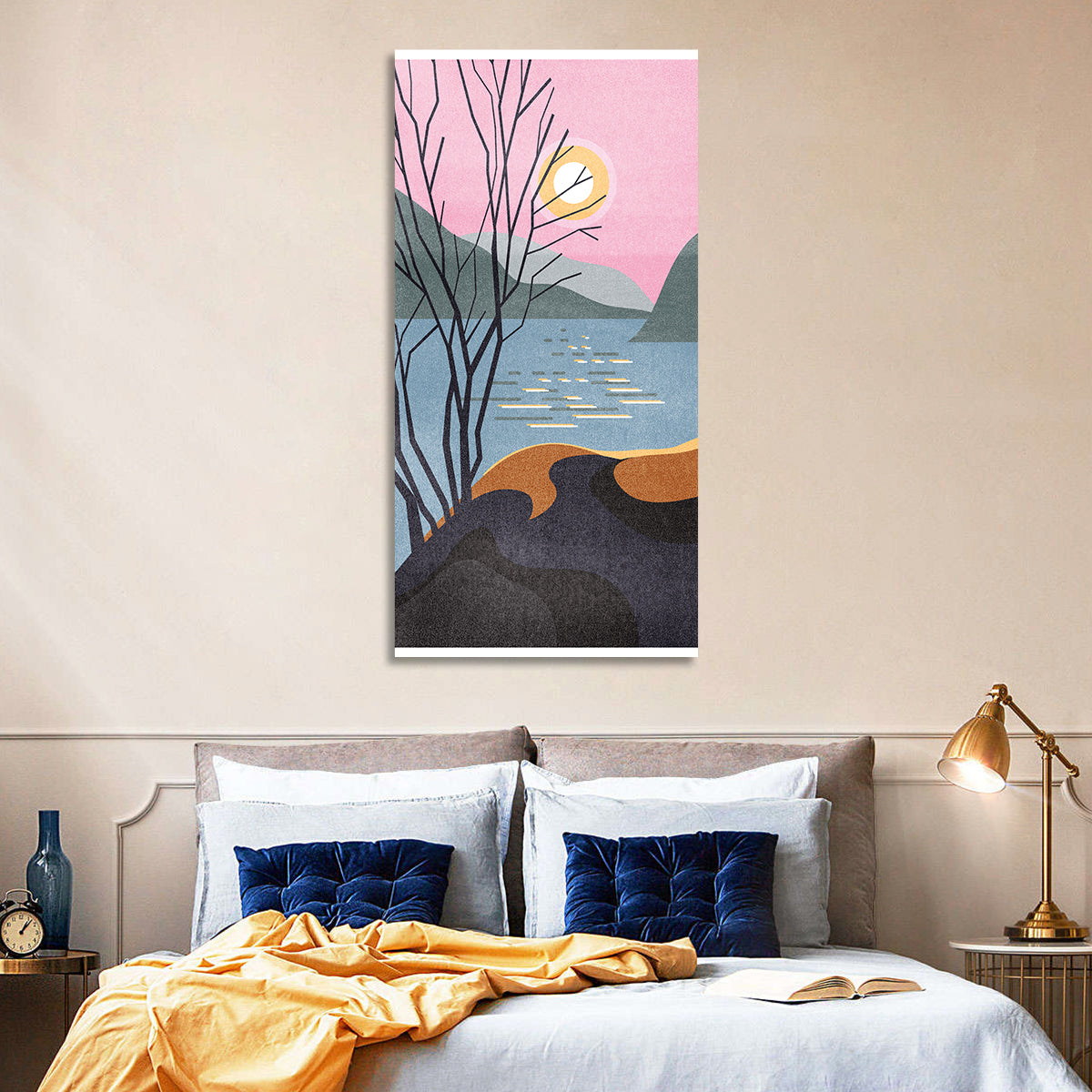 Sunset Over Lake with Bare Tree Wall Art in a room, portrait