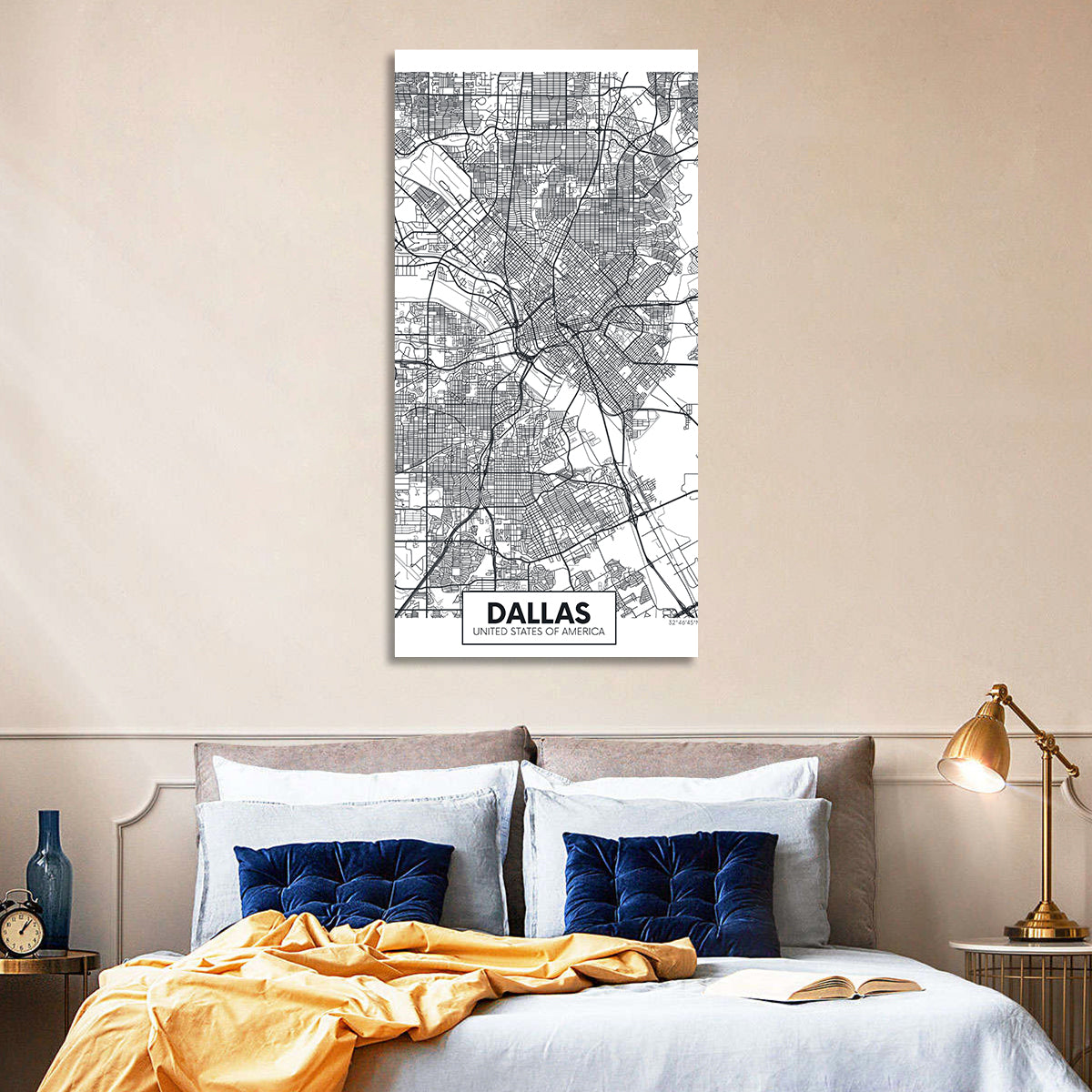 Dallas City Map with Coordinates Wall Art in a room, portrait