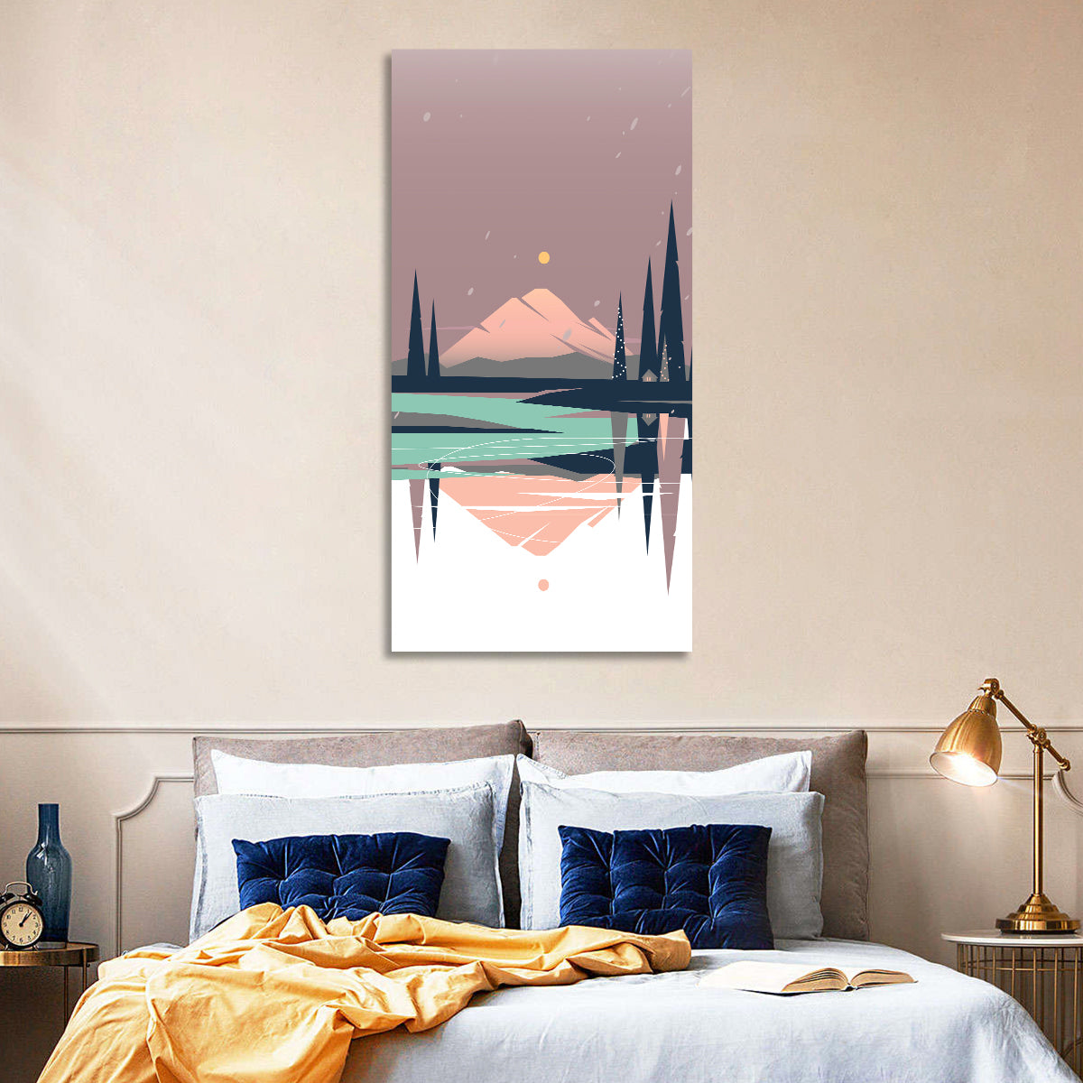 Dusk Mountain Lake Reflection Wall Art in a room, portrait