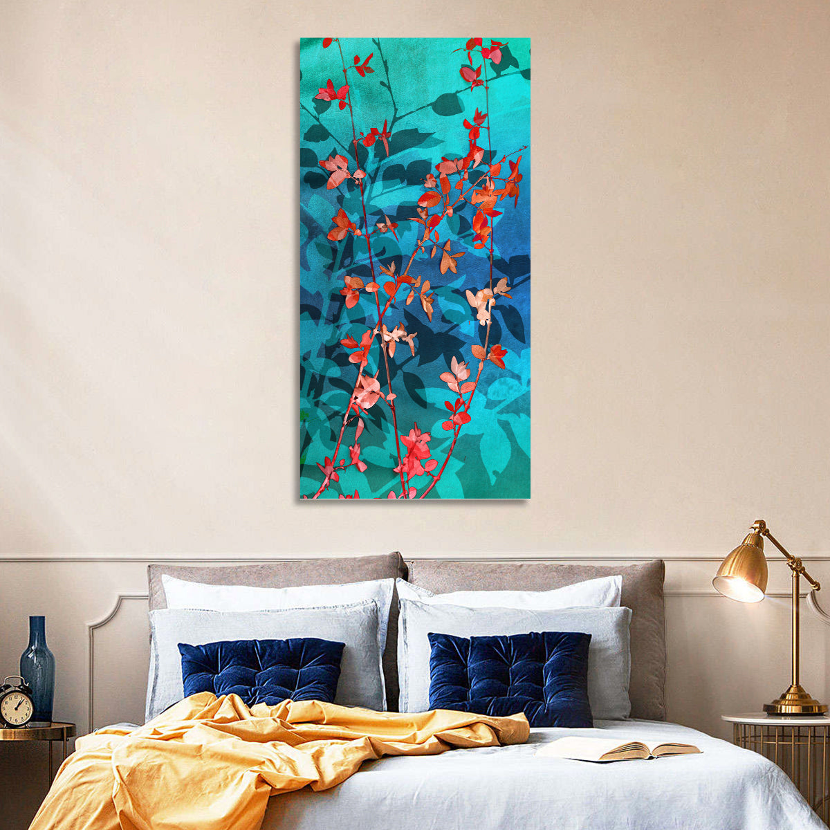 Red Leaf Branches Wall Art in a room, portrait