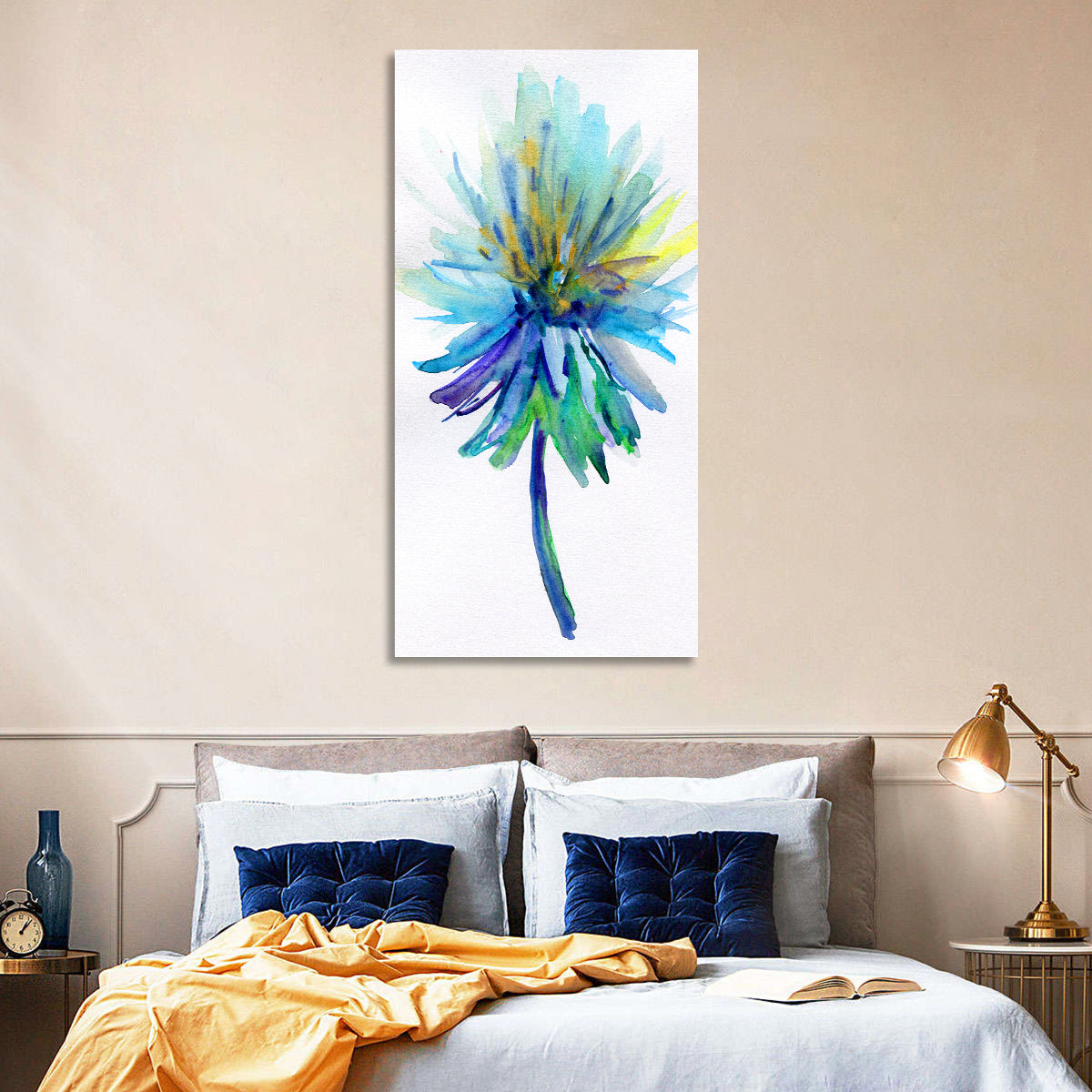 Ethereal Blue Watercolor Flower Wall Art in a room, portrait