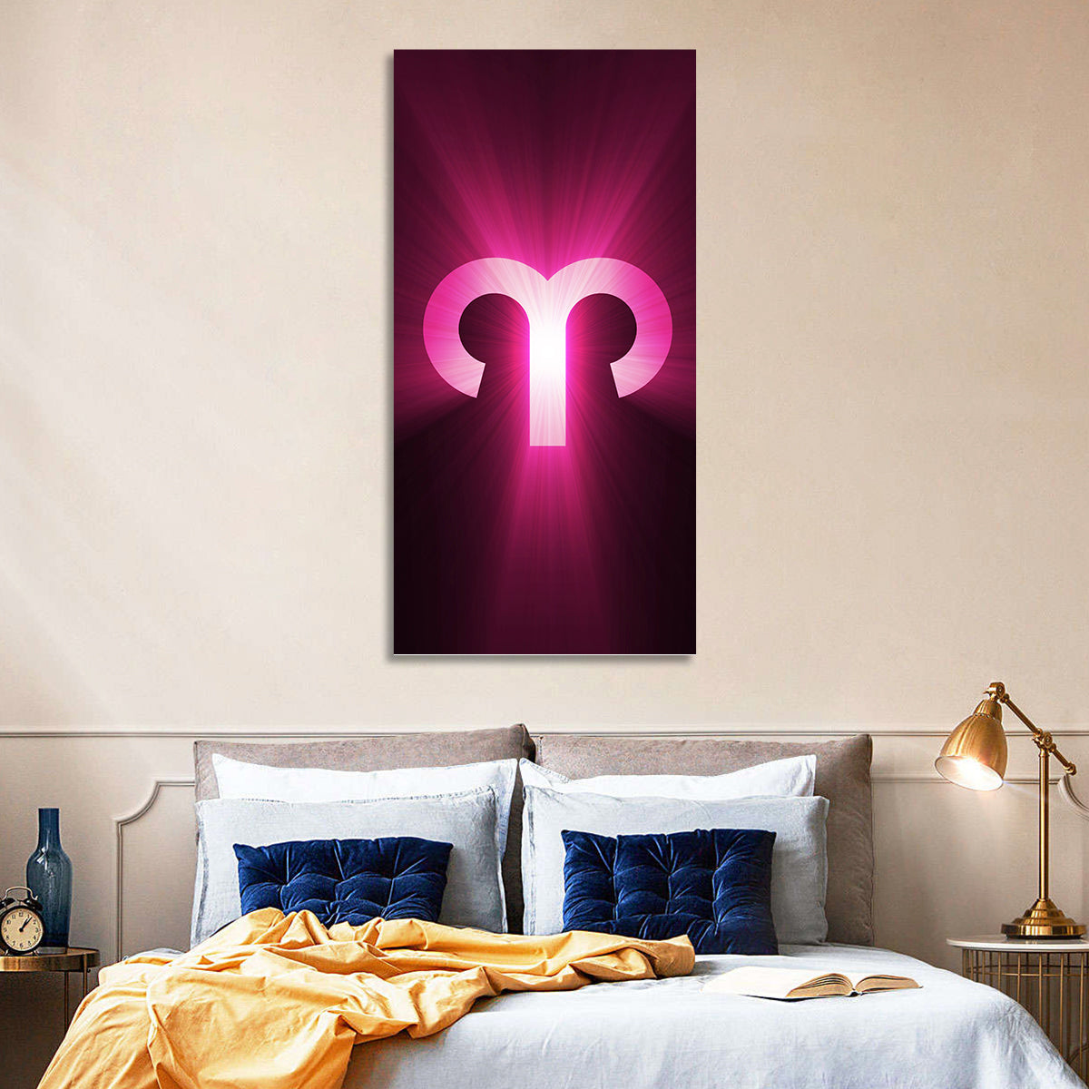 Radiant Aries Zodiac Emblem Wall Art in a room, portrait