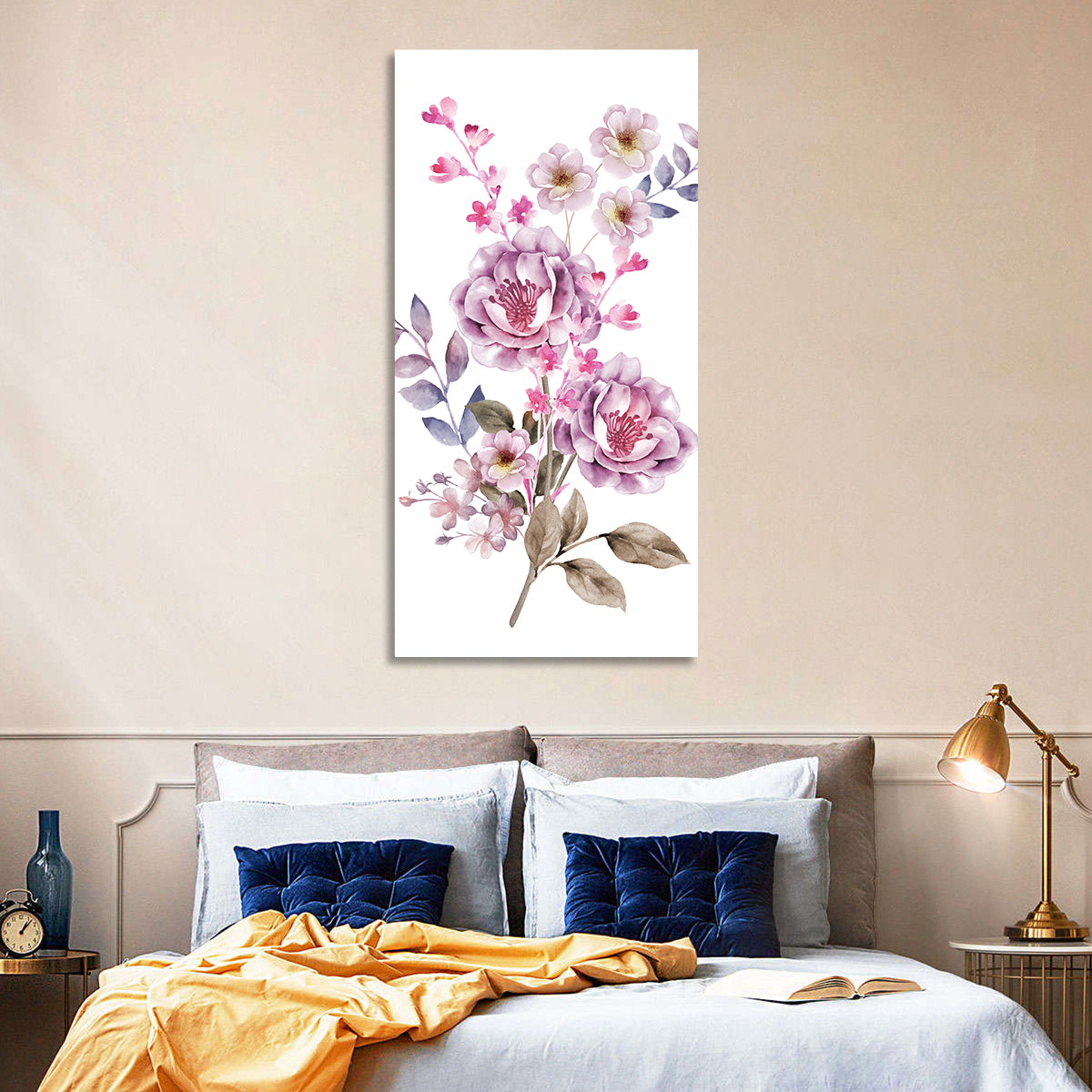 Lavender Watercolor Bouquet Wall Art in a room, portrait