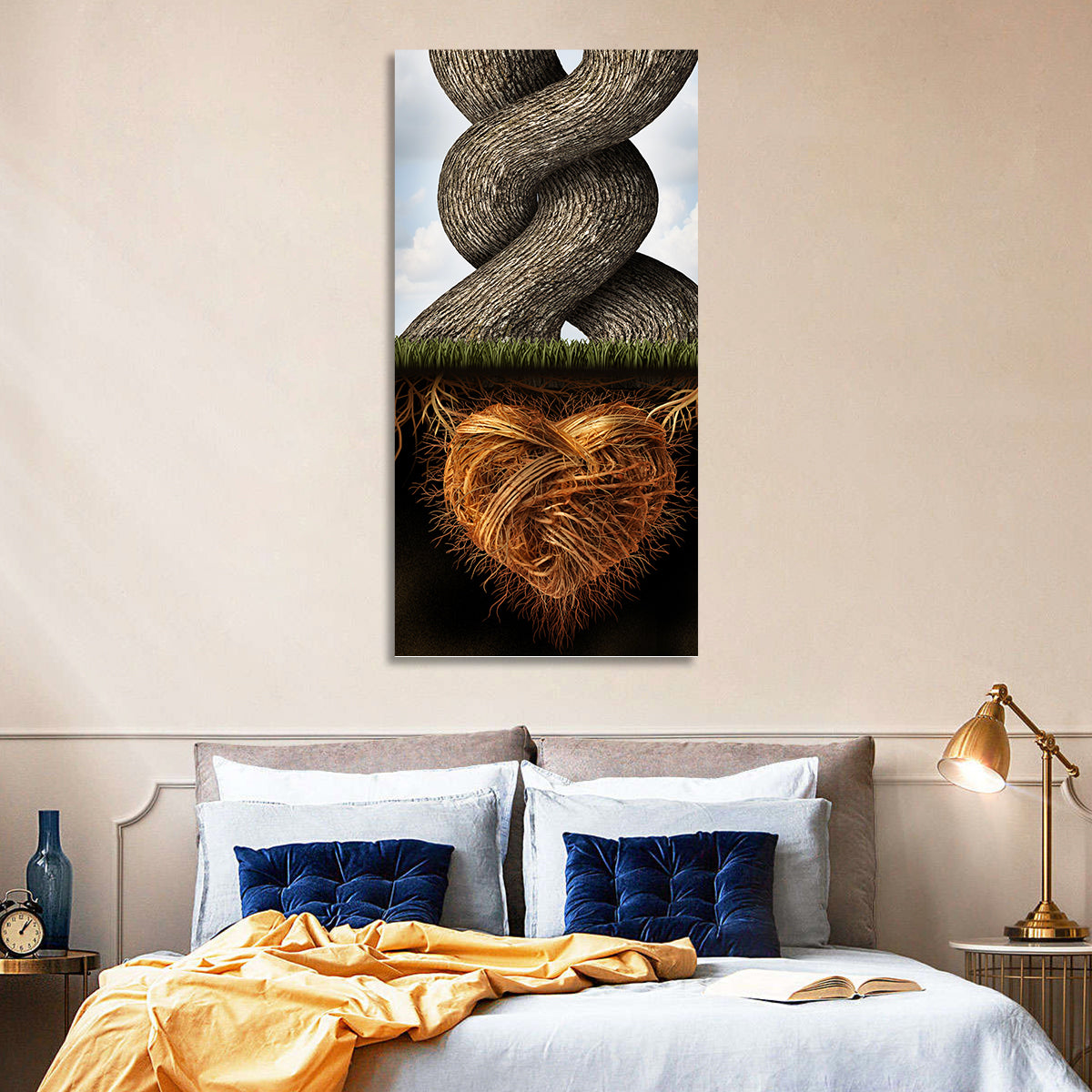 Intertwined Trees with Heart-shaped Roots Wall Art in a room, portrait