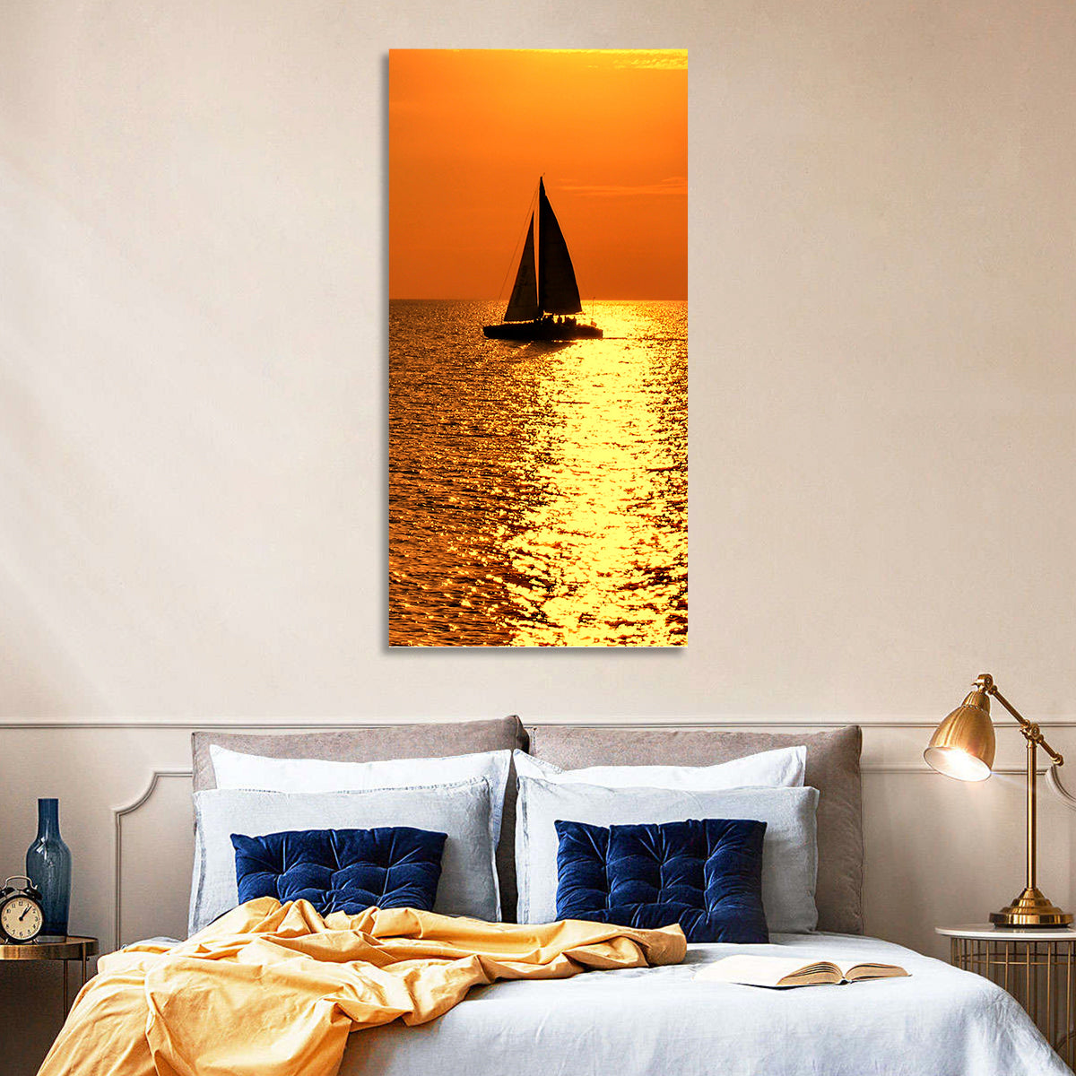 Sailboat Silhouette at Golden Sunset Wall Art in a room, portrait