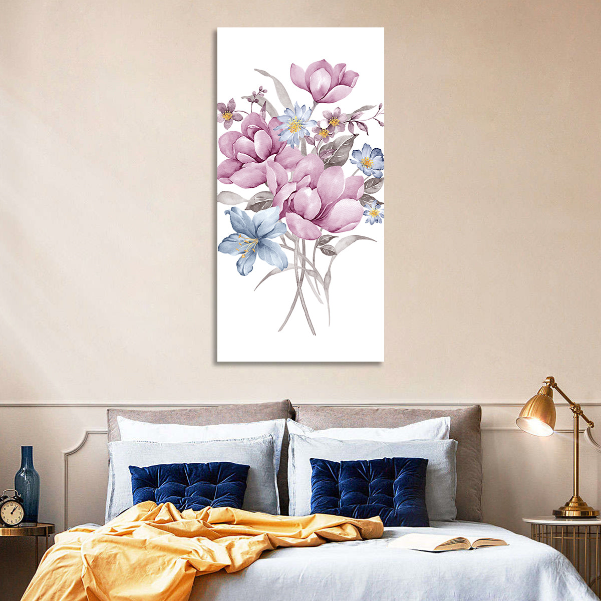 Pink Watercolor Bouquet Illustration Wall Art in a room, portrait