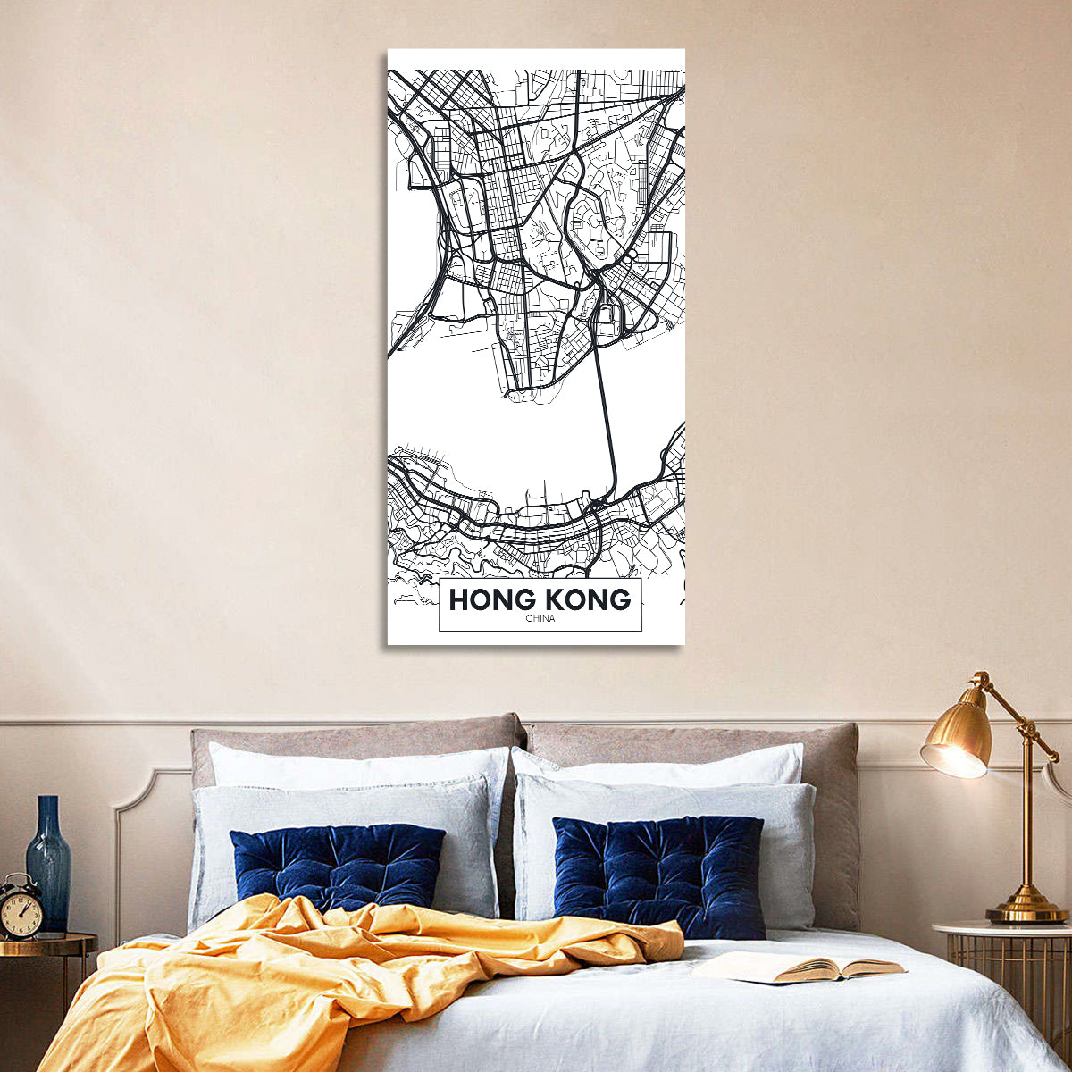 Hong Kong Aerial Map Wall Art in a room, portrait