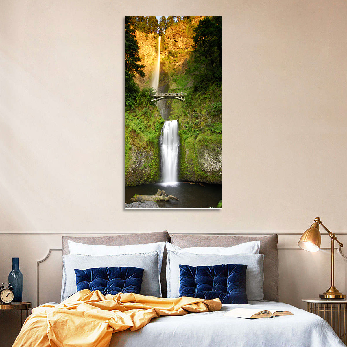 Multnomah Falls at Golden Hour Wall Art in a room, portrait