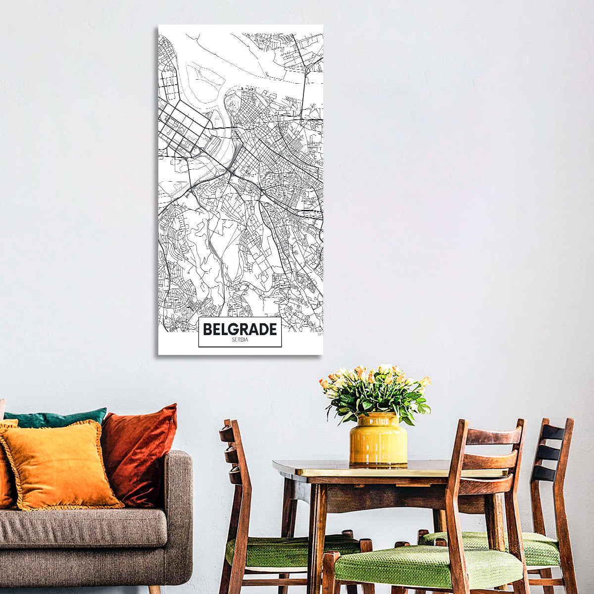 Minimalist Belgrade Map Wall Art in a room, portrait