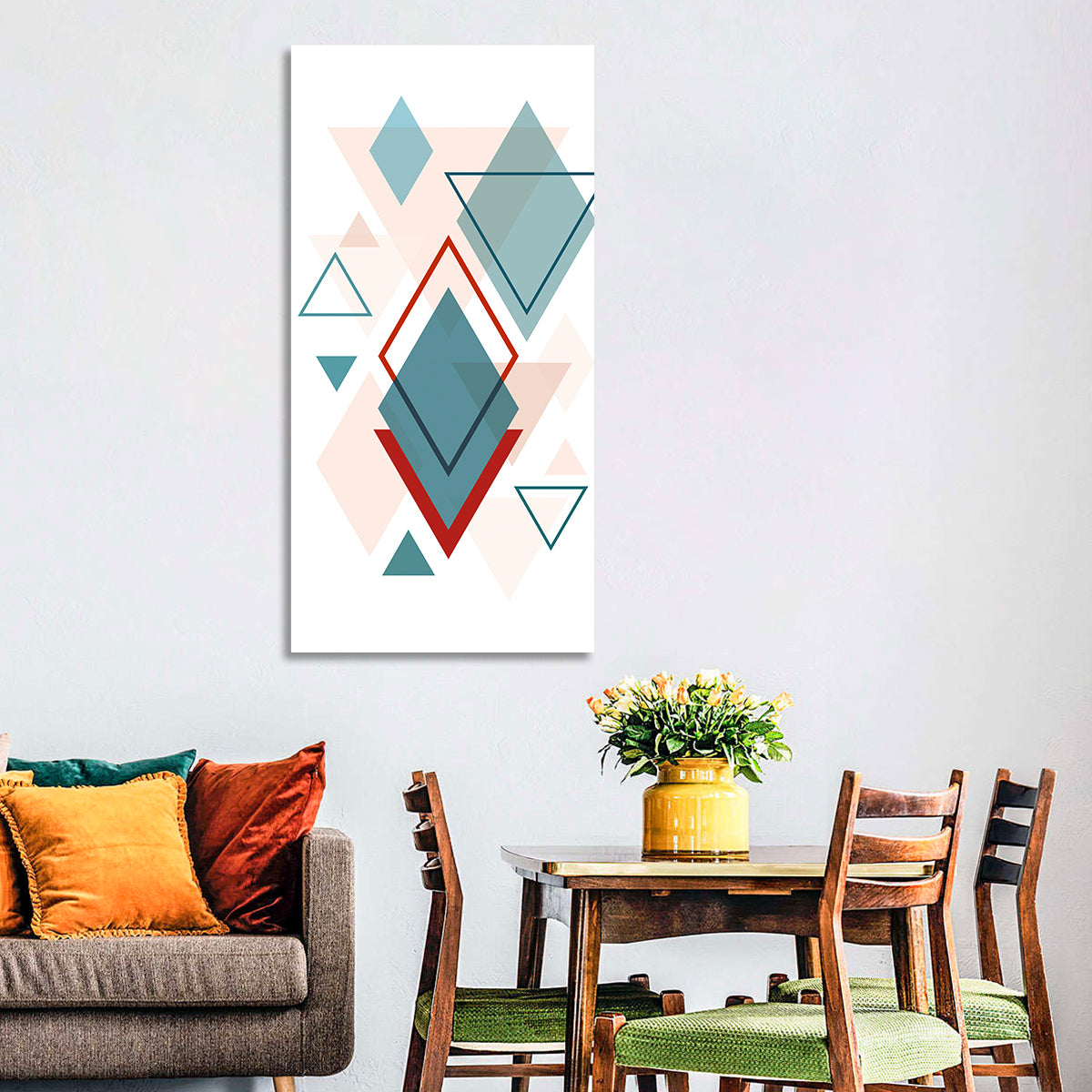 Scandinavian Teal Geometric Abstract Wall Art in a room, portrait