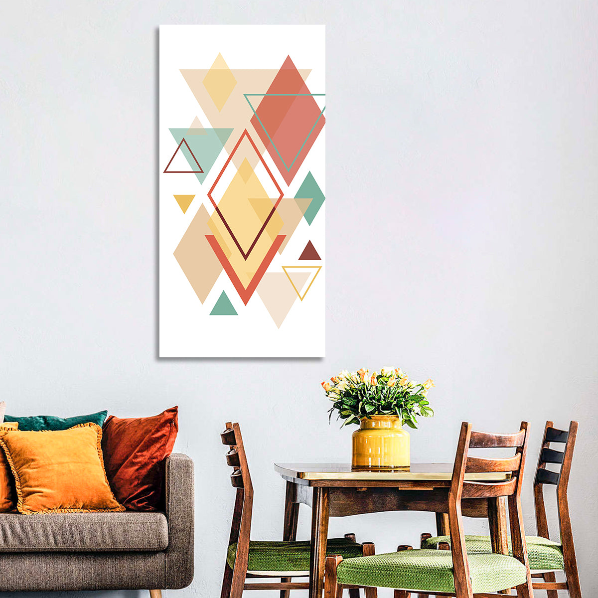 Layered Scandinavian Geometric Abstract Wall Art in a room, portrait