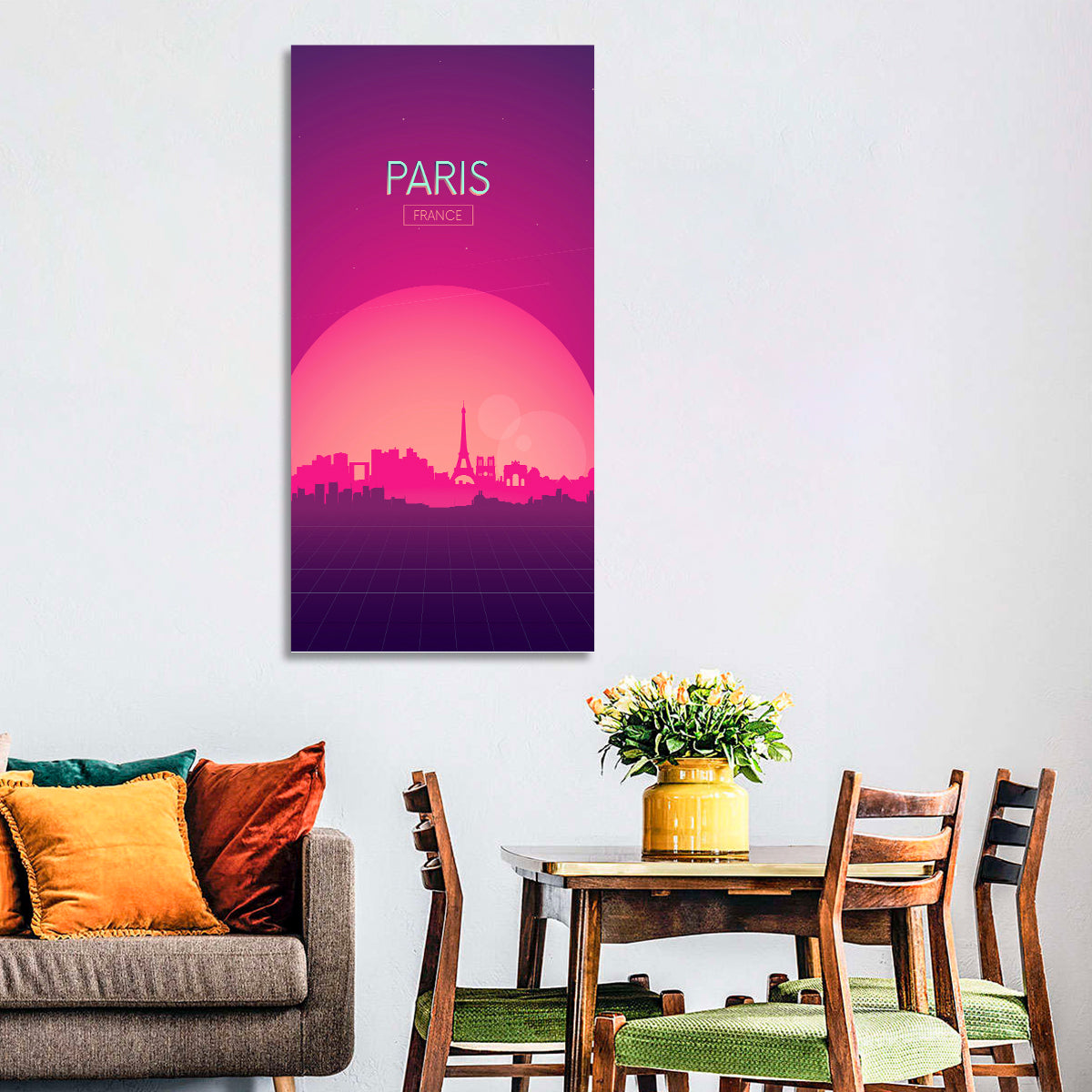 Paris Synthwave Skyline Wall Art in a room, portrait