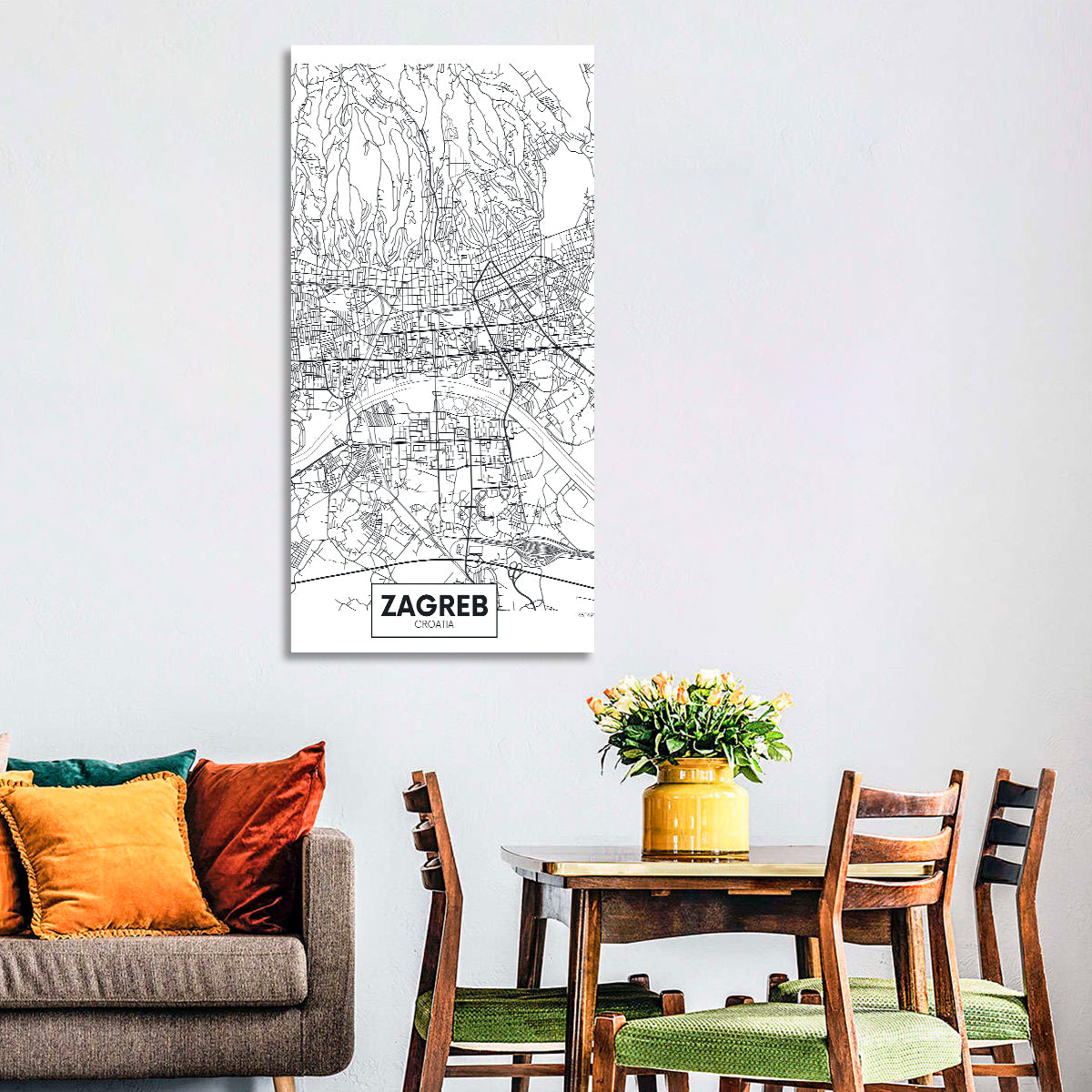 Zagreb City Map Wall Art in a room, portrait