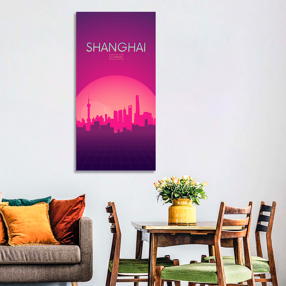 Shanghai Neon Sunset Skyline Wall Art in a room, portrait