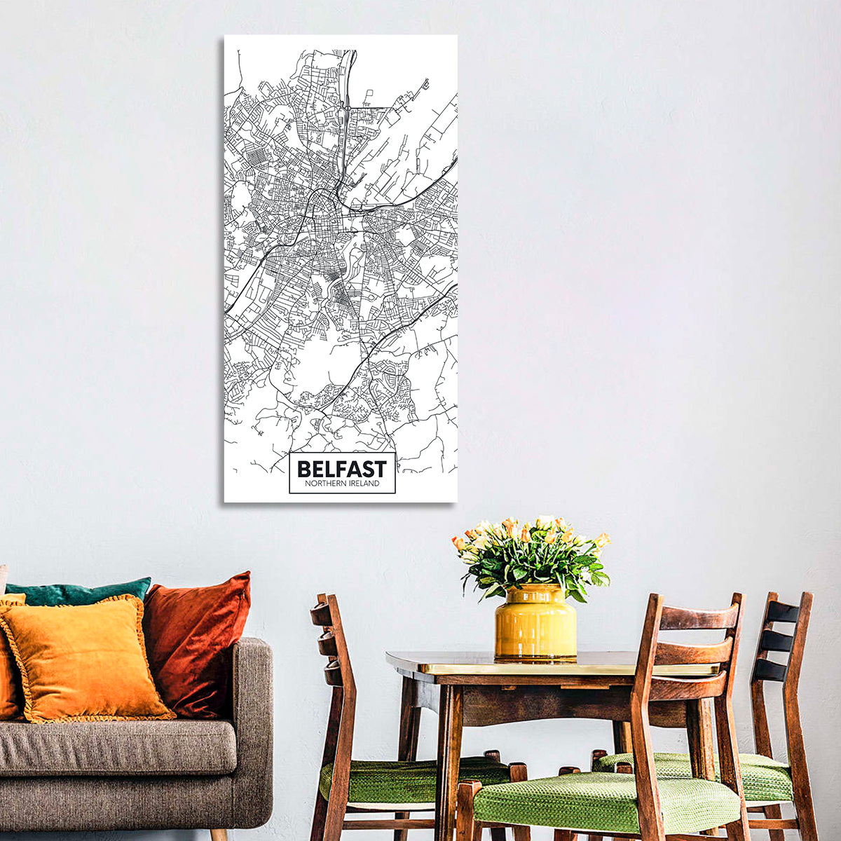 Belfast City Map Wall Art in a room, portrait