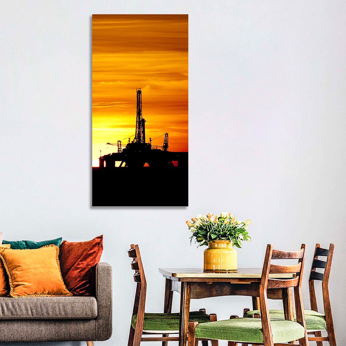 Offshore Oil Rig at Sunset Wall Art in a room, portrait
