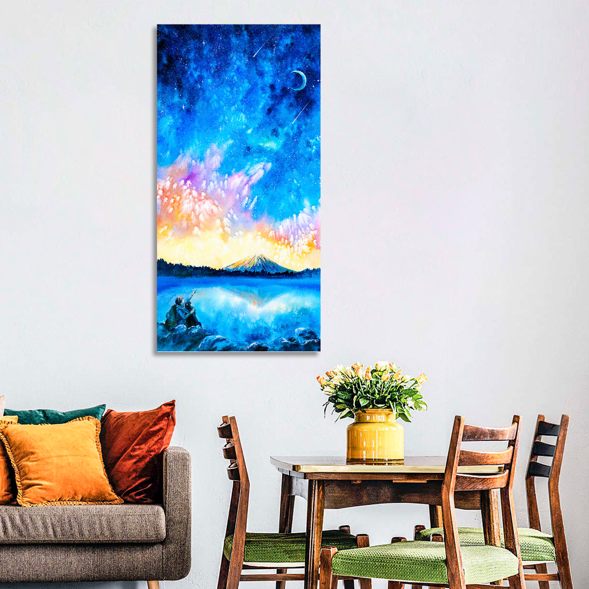 Starry Night Mountain Lake Wall Art in a room, portrait
