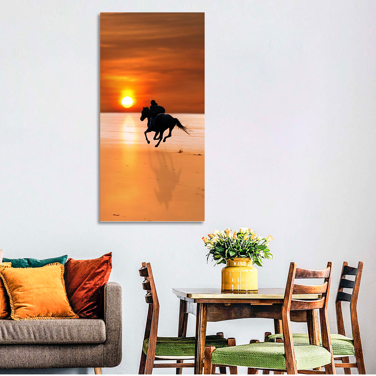 Horse and Rider at Sunset Wall Art in a room, portrait