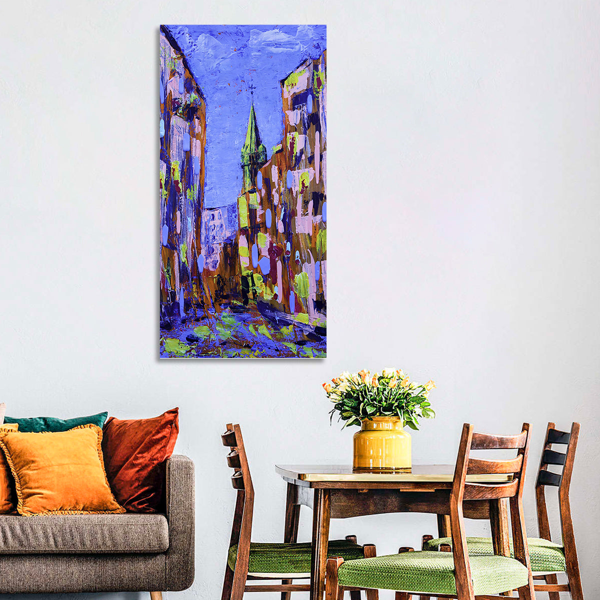 Old City Street with Steeple Wall Art in a room, portrait