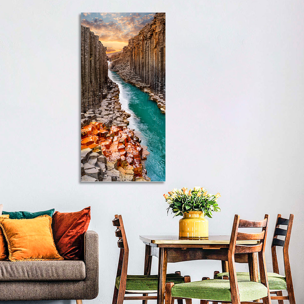 Stuðlagil Canyon Basalt Columns at Golden Hour Wall Art in a room, portrait