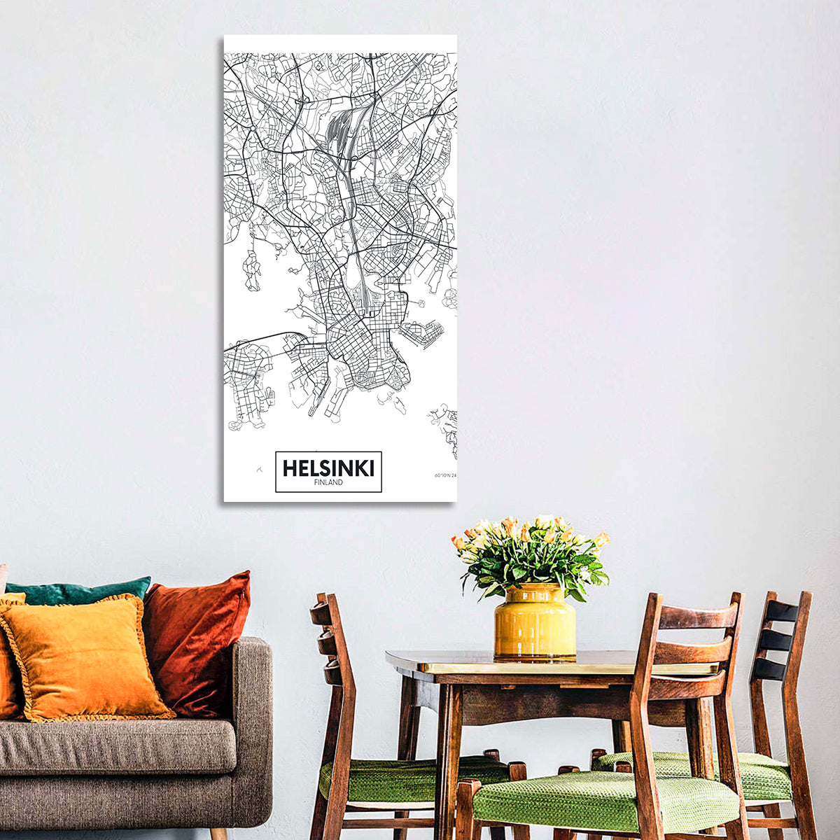 Helsinki Street Grid Map Wall Art in a room, portrait