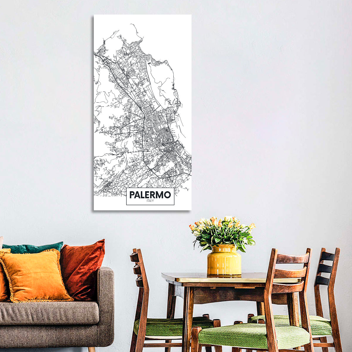 Palermo Minimalist City Map Wall Art in a room, portrait