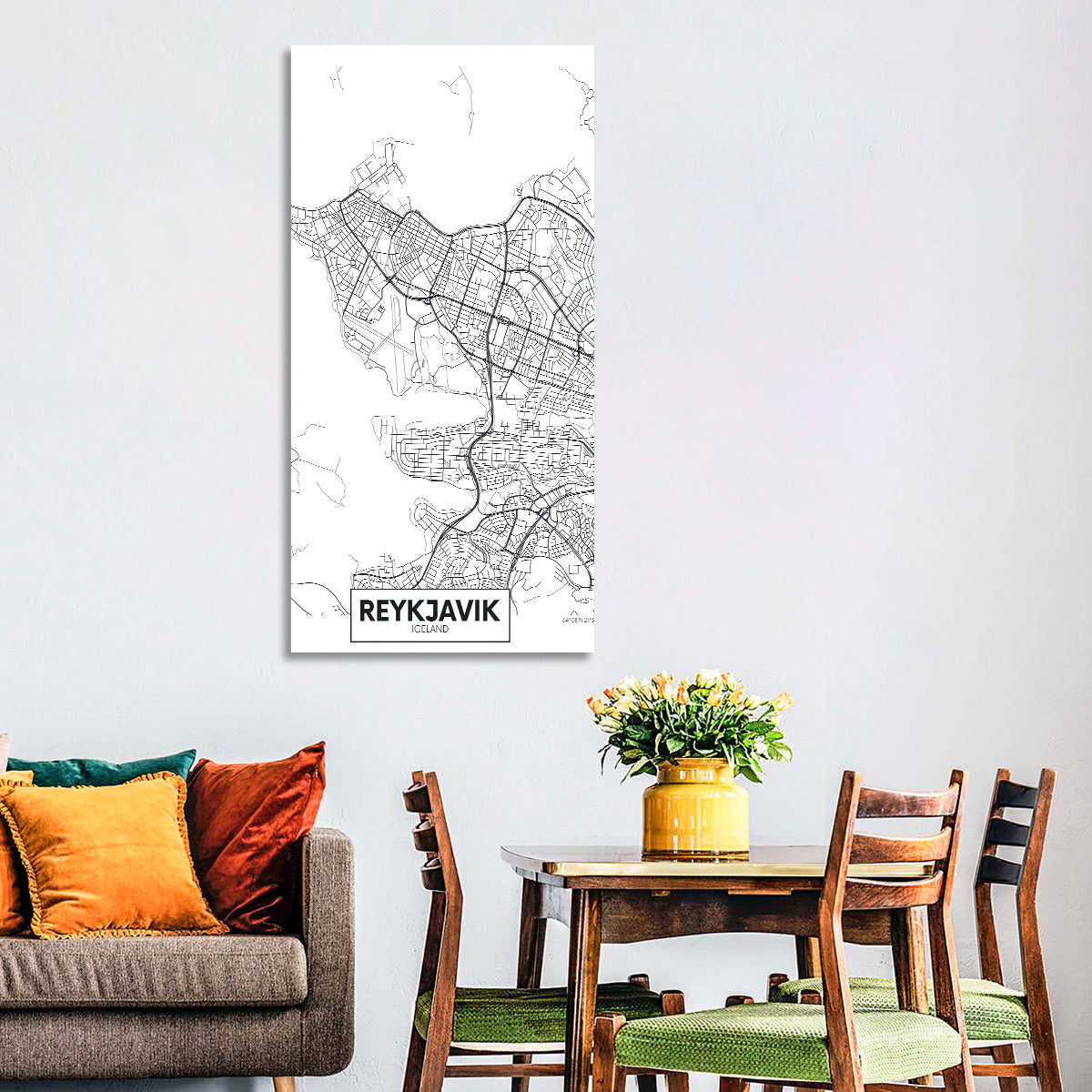 Reykjavik Aerial Map with Runway Wall Art in a room, portrait