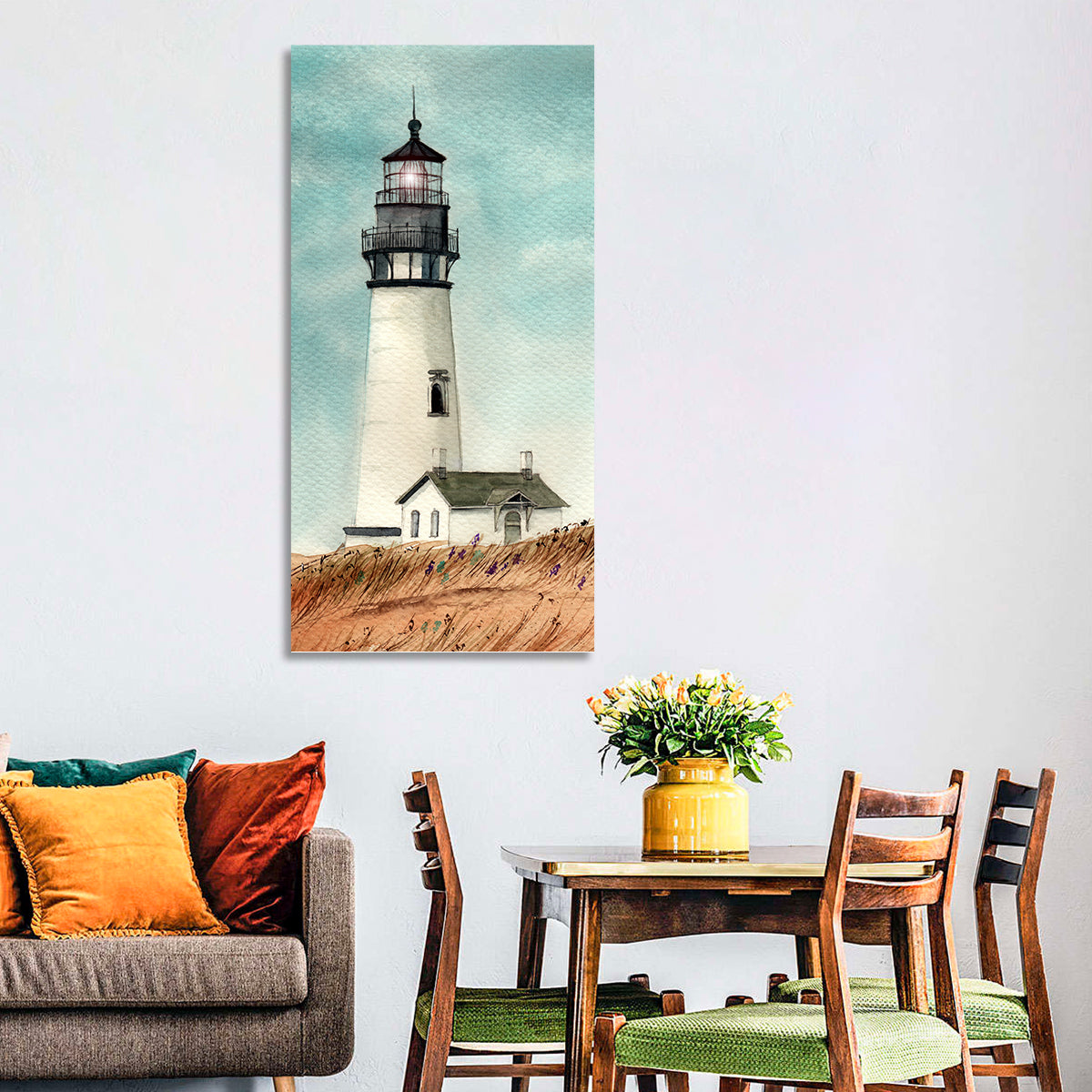 Lighthouse Over Grassy Dune Wall Art in a room, portrait