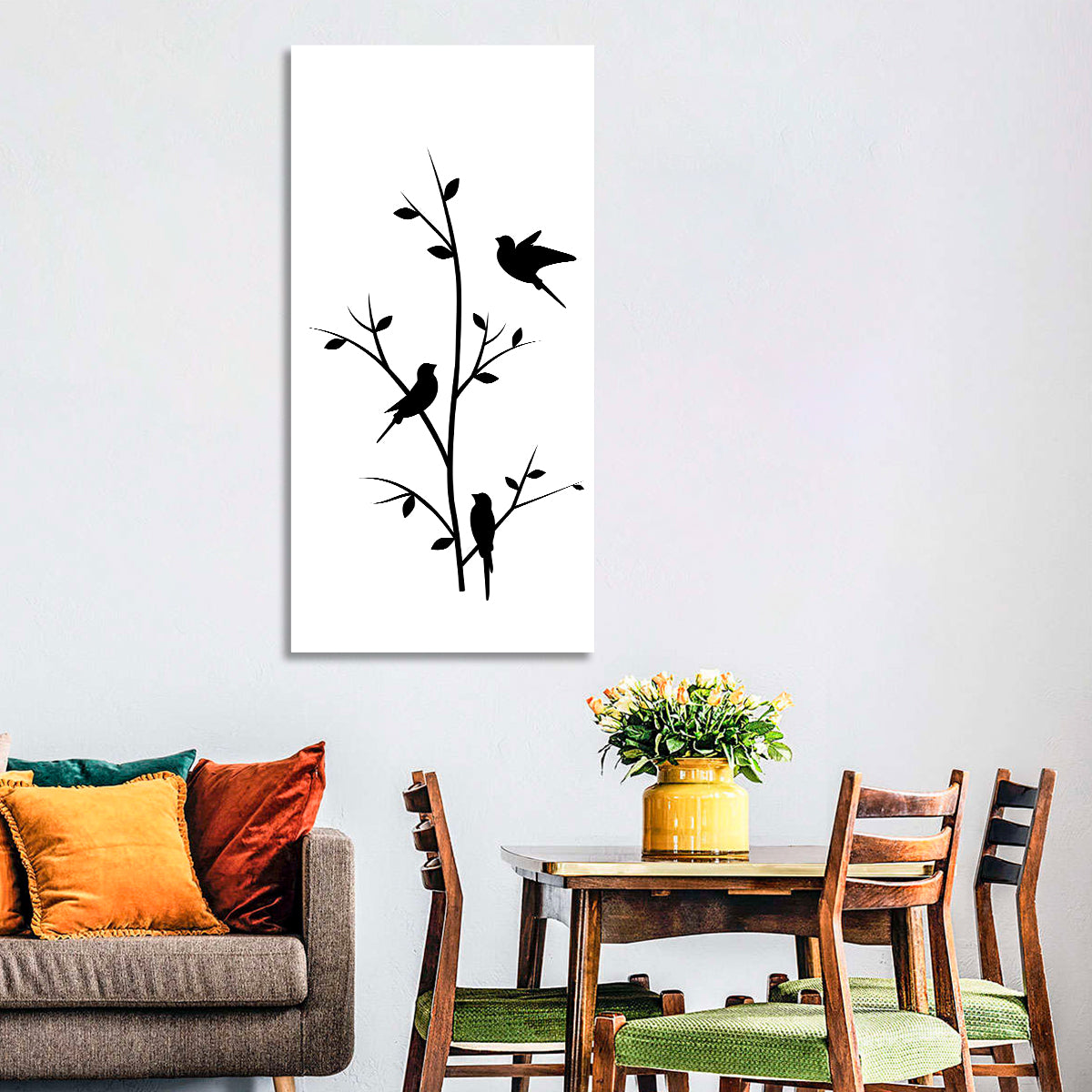 Three Birds on Branch Silhouette Wall Art in a room, portrait