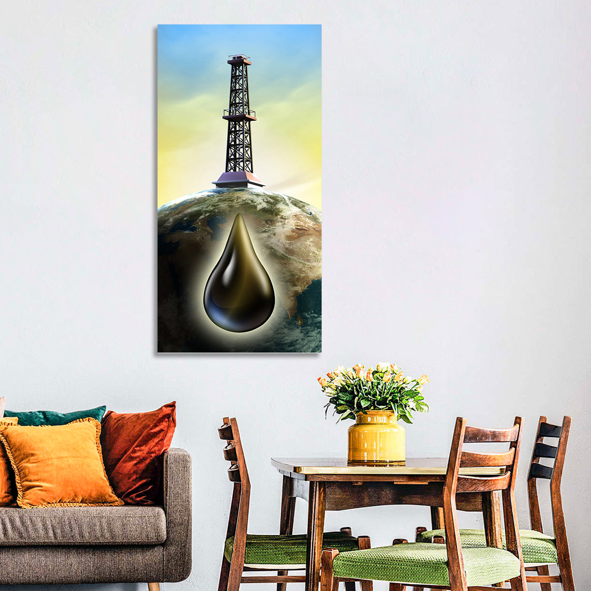 Oil Derrick with Glowing Drop Wall Art in a room, portrait