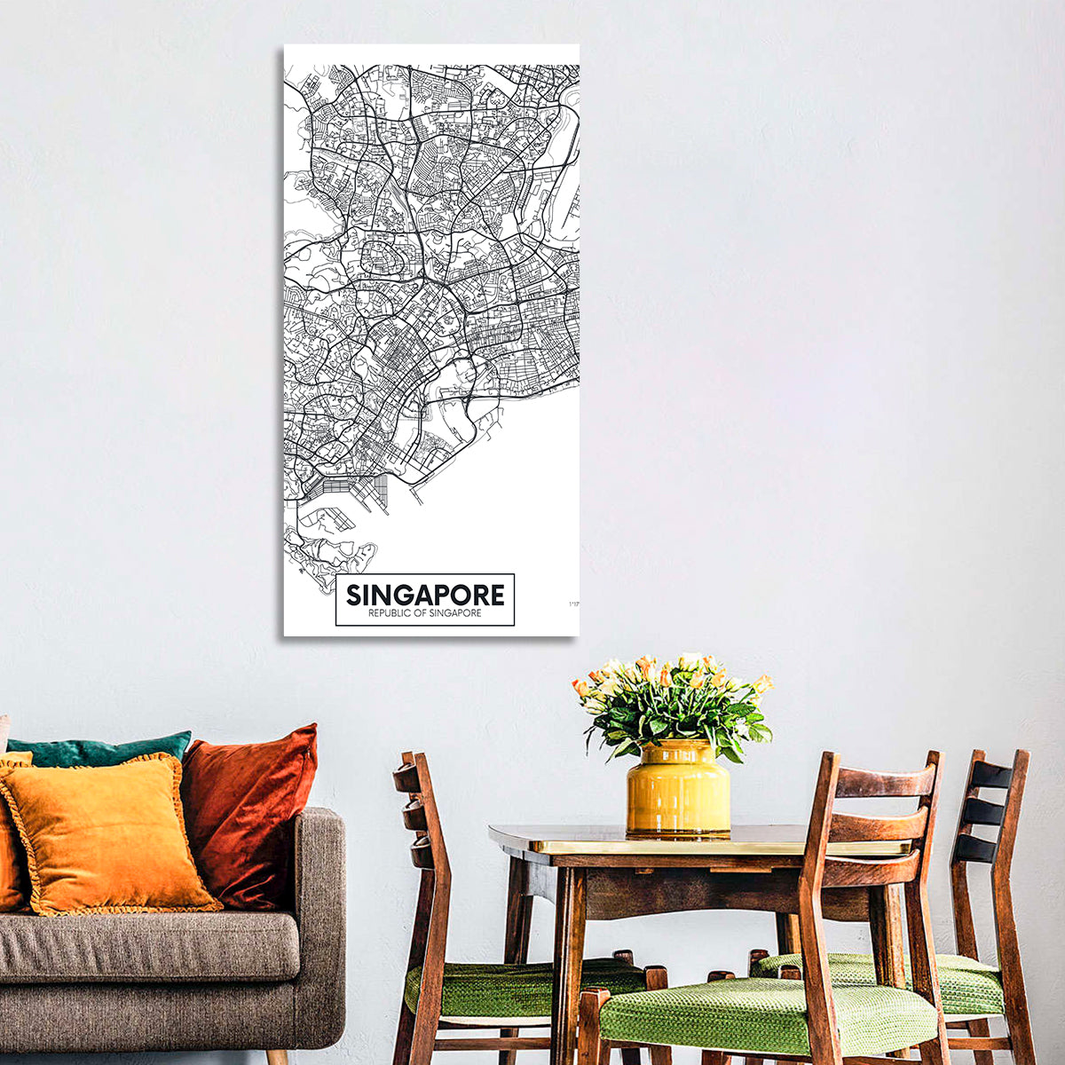 Singapore Minimalist City Map Wall Art in a room, portrait