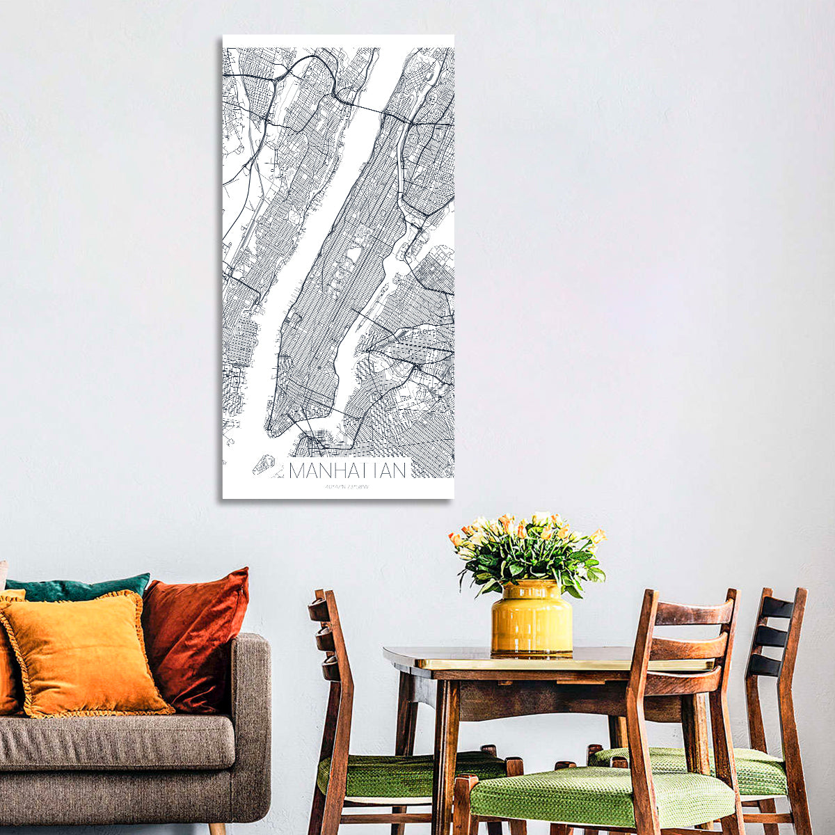 Manhattan Island Map Wall Art in a room, portrait