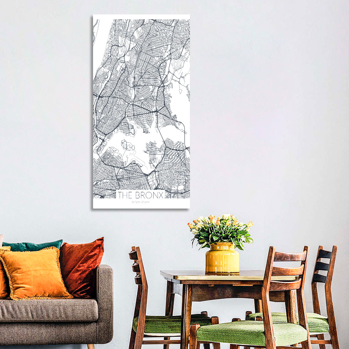 Bronx Black and White Map Wall Art in a room, portrait