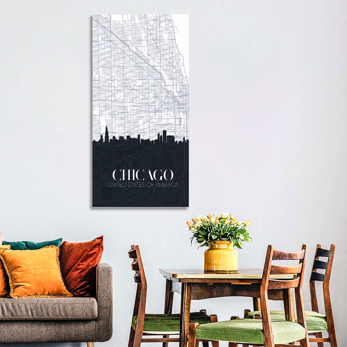 Chicago Skyline Map Wall Art in a room, portrait