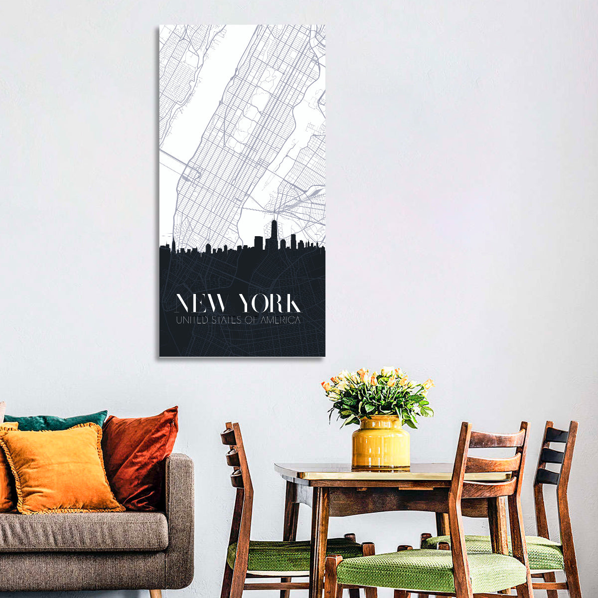 Manhattan Map with Skyline Wall Art in a room, portrait