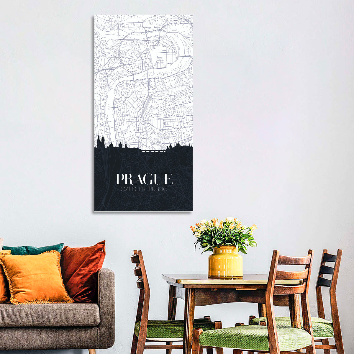 Prague Map with Charles Bridge Wall Art in a room, portrait