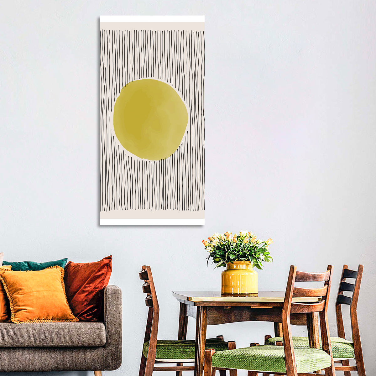 Watercolor Circle Minimalist Abstract Wall Art in a room, portrait