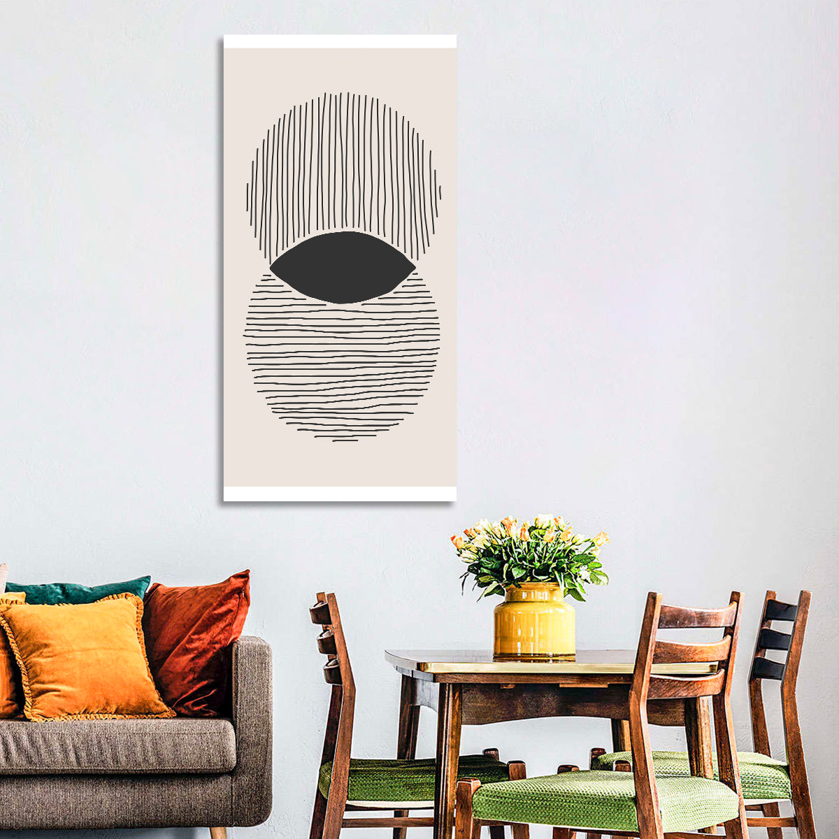 Boho Geometric Circles Wall Art in a room, portrait