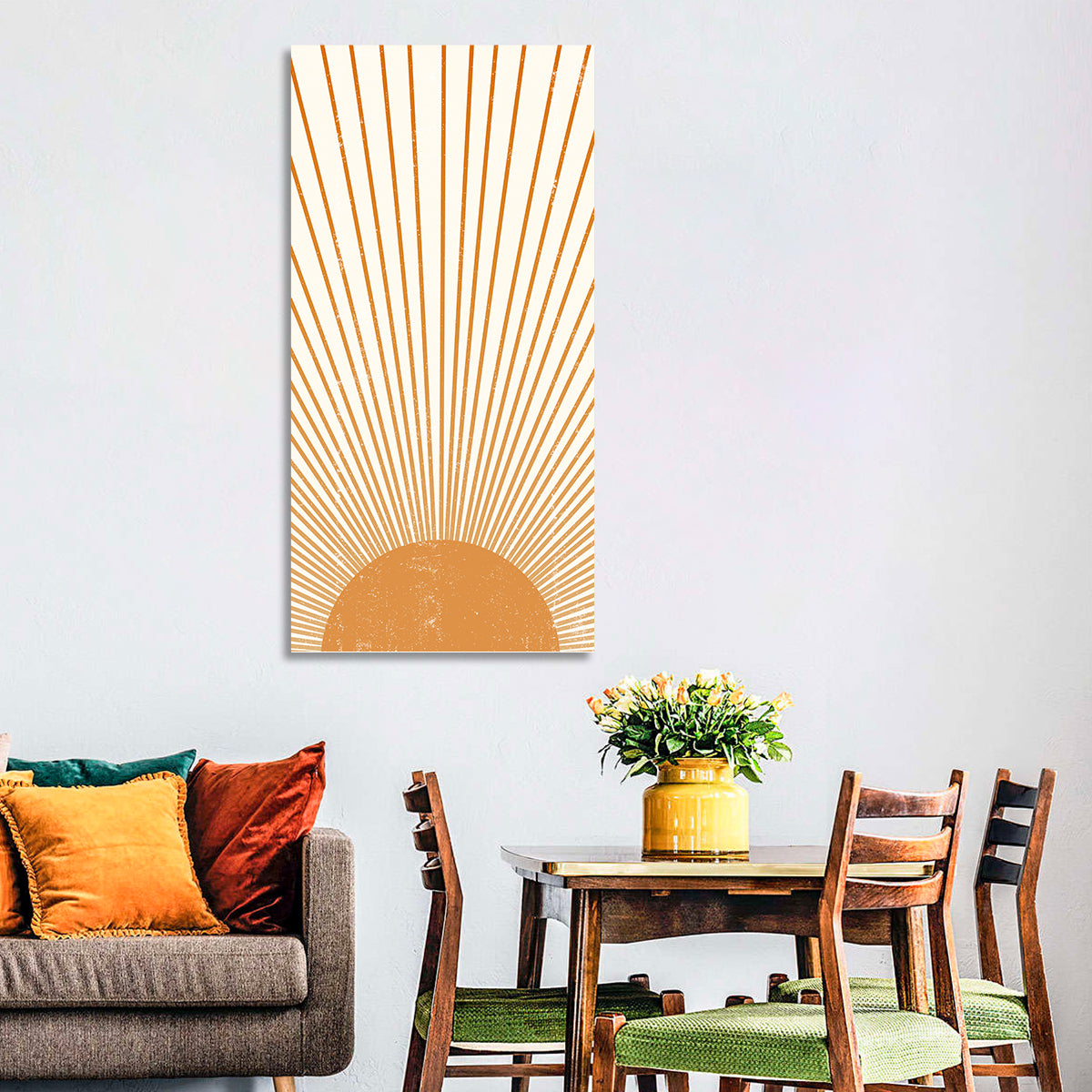 Distressed Sunburst Minimalist Wall Art in a room, portrait
