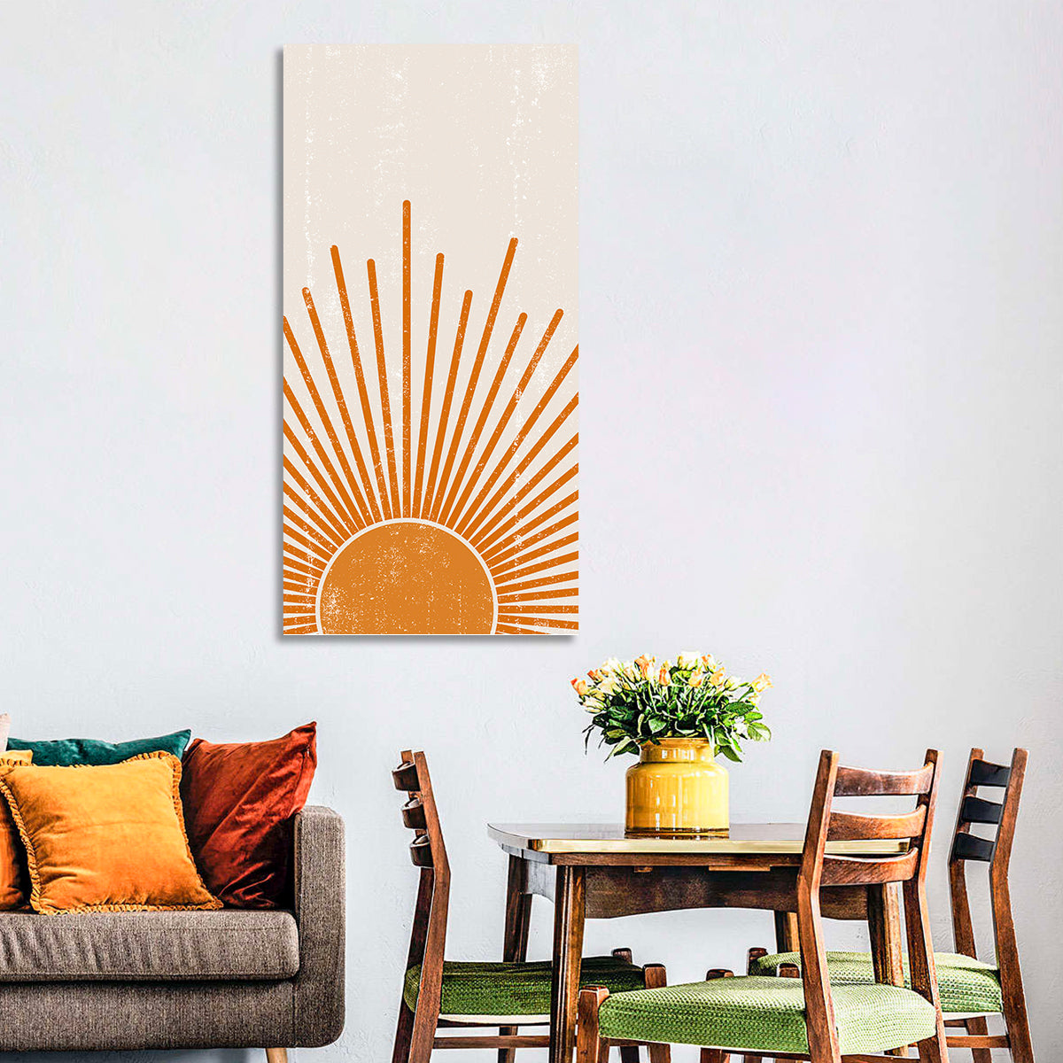 Warm Boho Sun Illustration Wall Art in a room, portrait